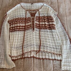 Free People Boho Knit Sweater with Lace-Up Front